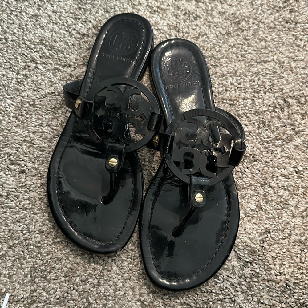 Tory Burch Black Shiny Flat Sandals